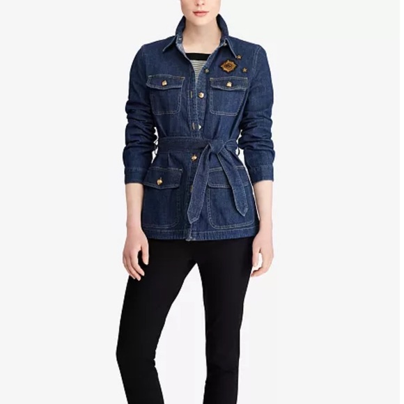 Lauren Ralph Lauren Dark Blue Wash Belted Denim Jacket Embroidered Patches 2 - Picture 9 of 9